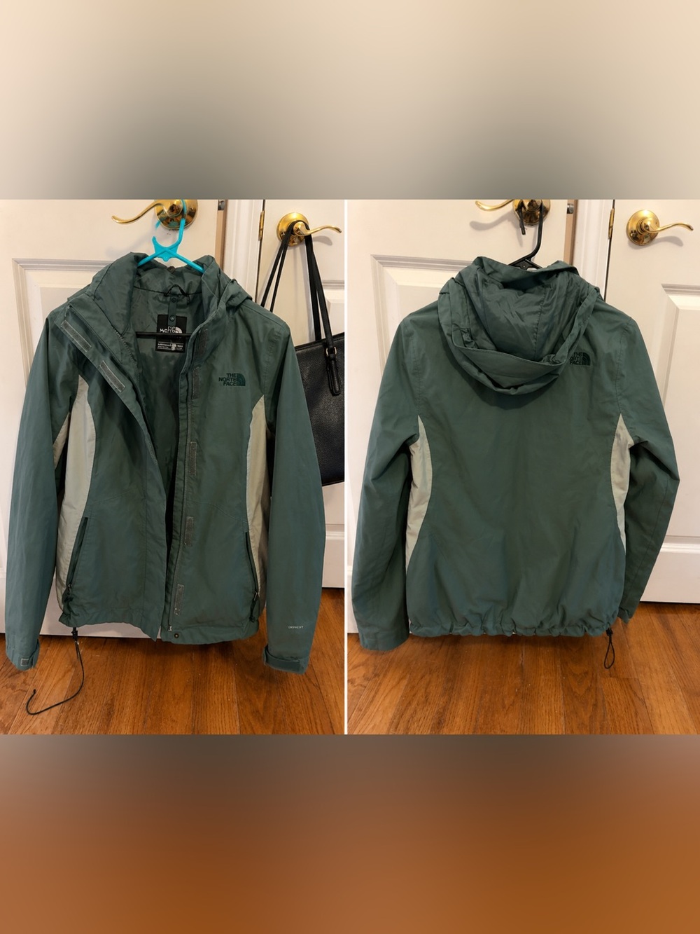 The North Face Women's Green Hooded Ski Jacket with Light Gray Panels